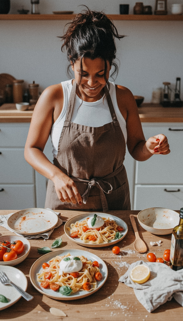 Jessica Nardone mit frisch angerichteter Pasta in ihrer Küche