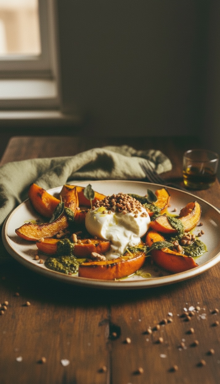 Mallorcan autumn on a plate: golden roasted pumpkin, fragrant herbs, creamy burrata and exactly the right crunch.