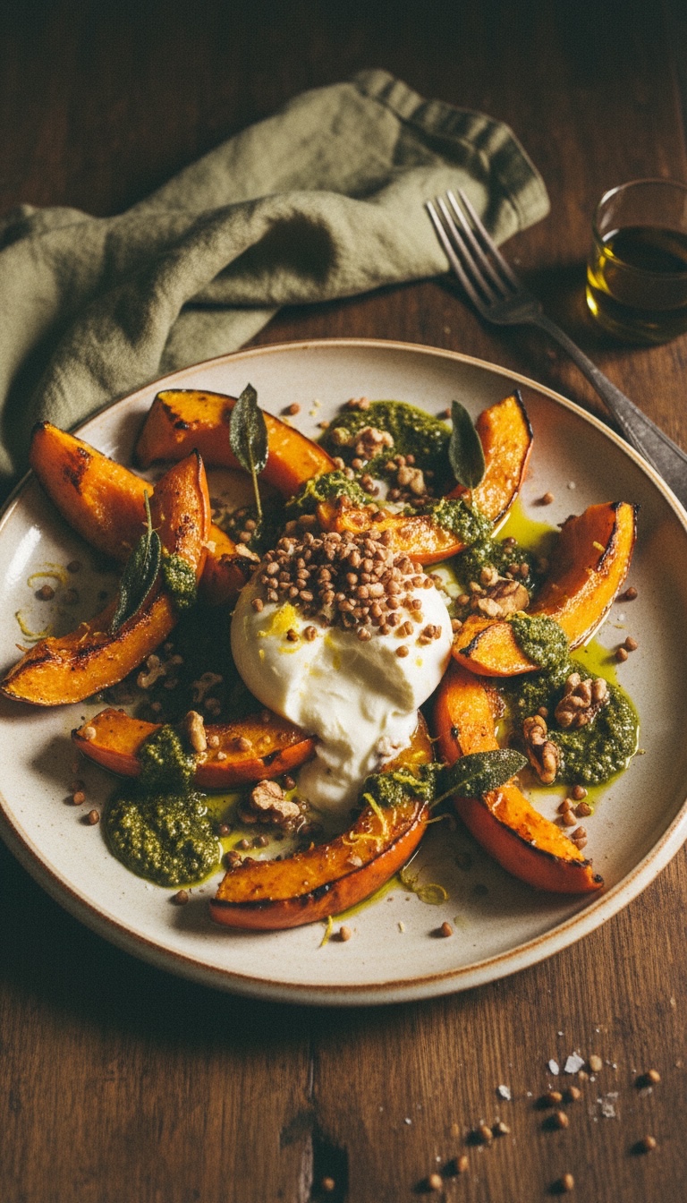 Gerösteter Kürbis mit Burrata und Salbei Walnuss Pesto