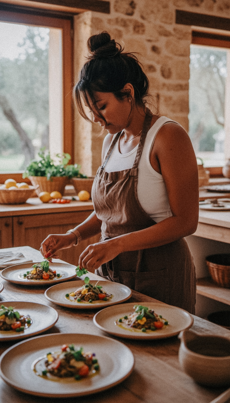 Jessica cooking in her kitchen in Mallorca