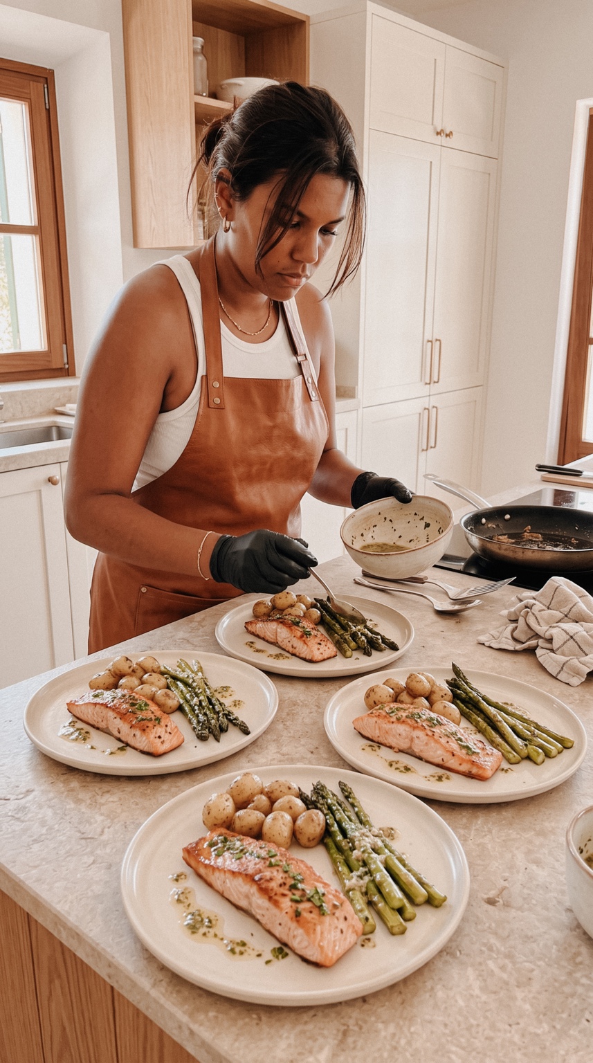 Jessica plating salmon in her kitchen