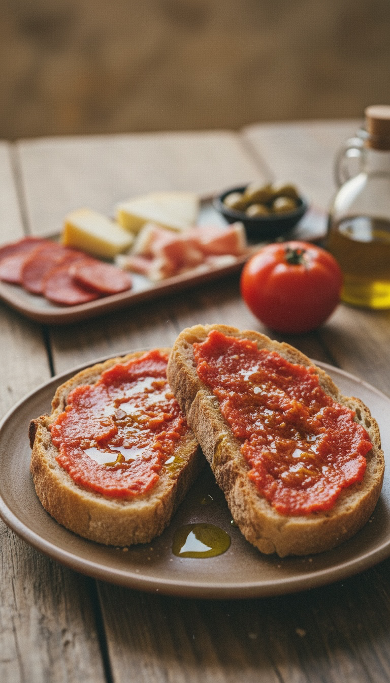 Pa amb oli mit geriebener Tomate und Olivenöl auf einem mallorquinischen Tisch