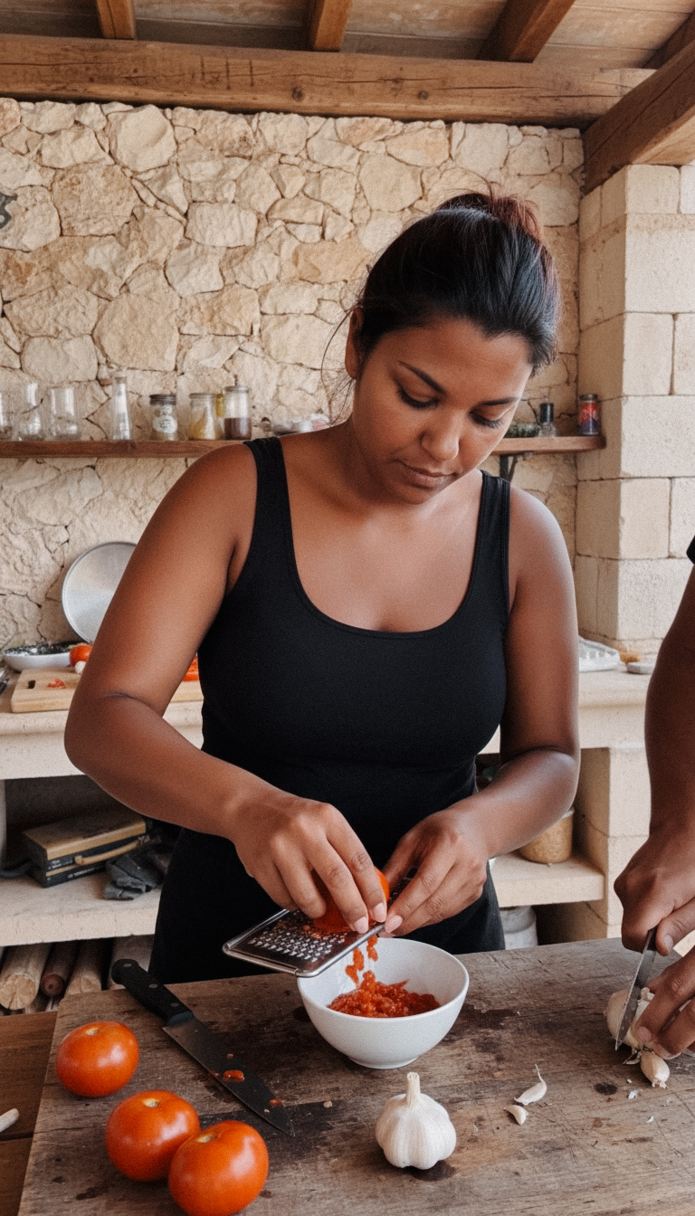 Jessica reibt frische Tomaten für Pa amb oli in einer mallorquinischen Küche