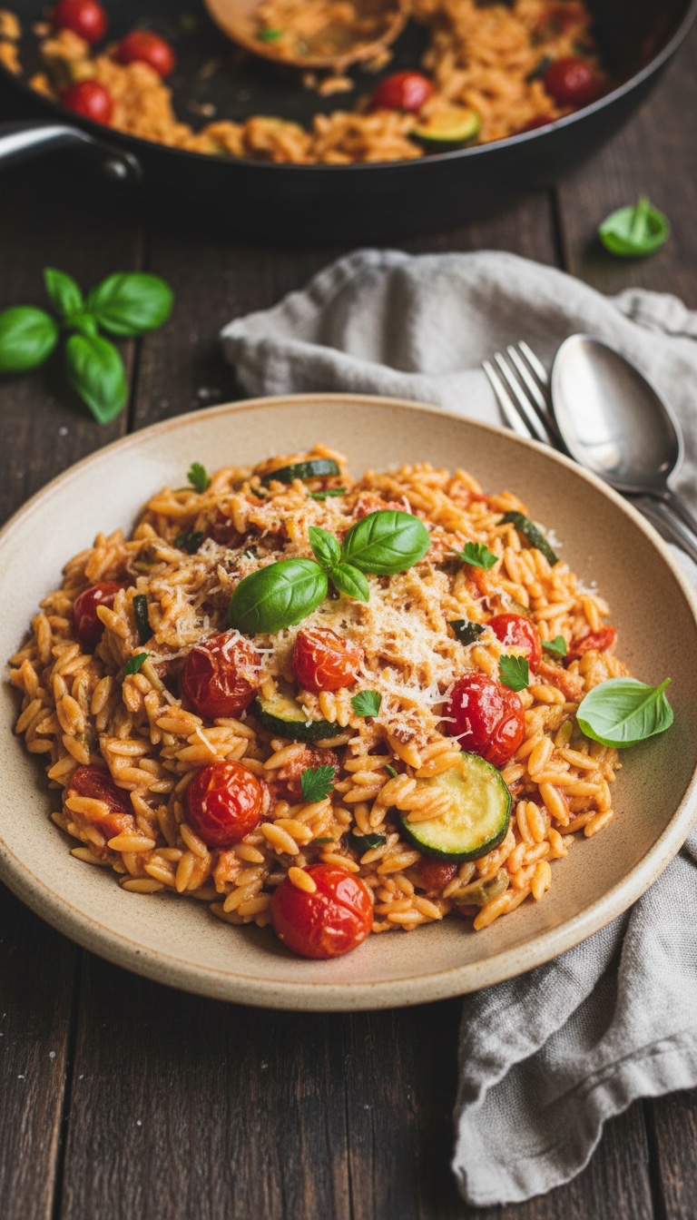Tomato courgette orzo with roasted cherry tomatoes