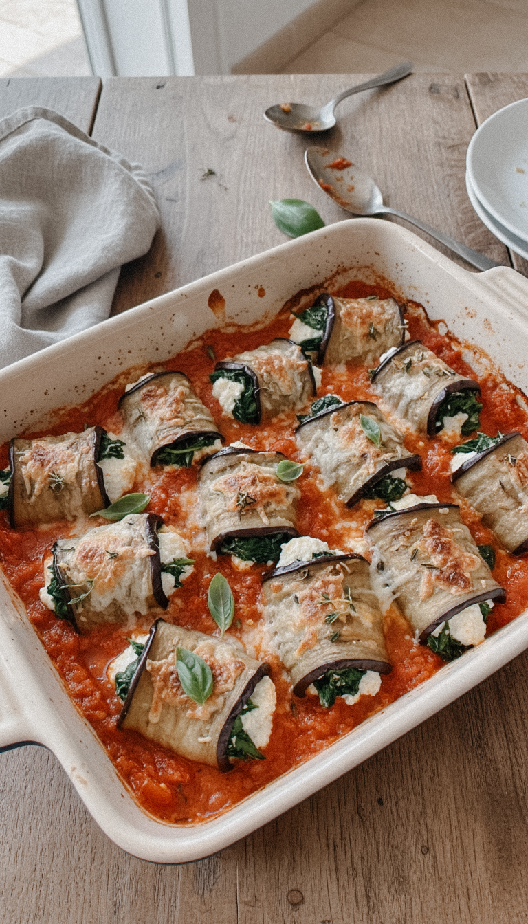Auberginenröllchen mit Spinat und Ricotta in Tomatensauce