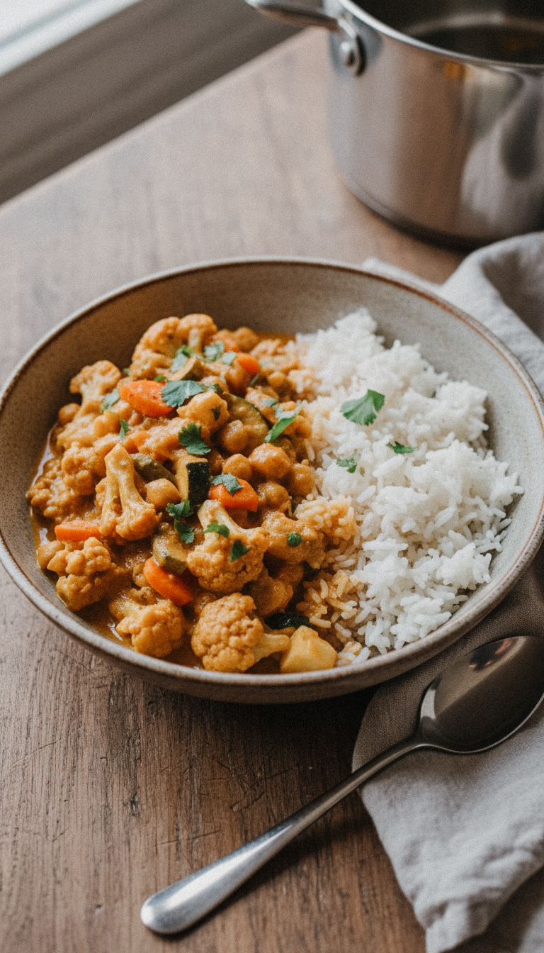 Blumenkohl-Kichererbsen-Curry mit Reis
