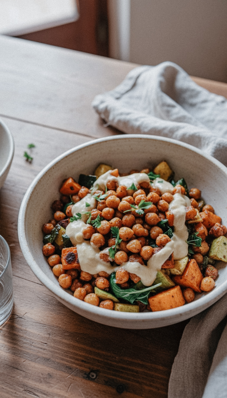 Geröstete Kichererbsen mit Gemüse und cremigem Tahini-Dressing