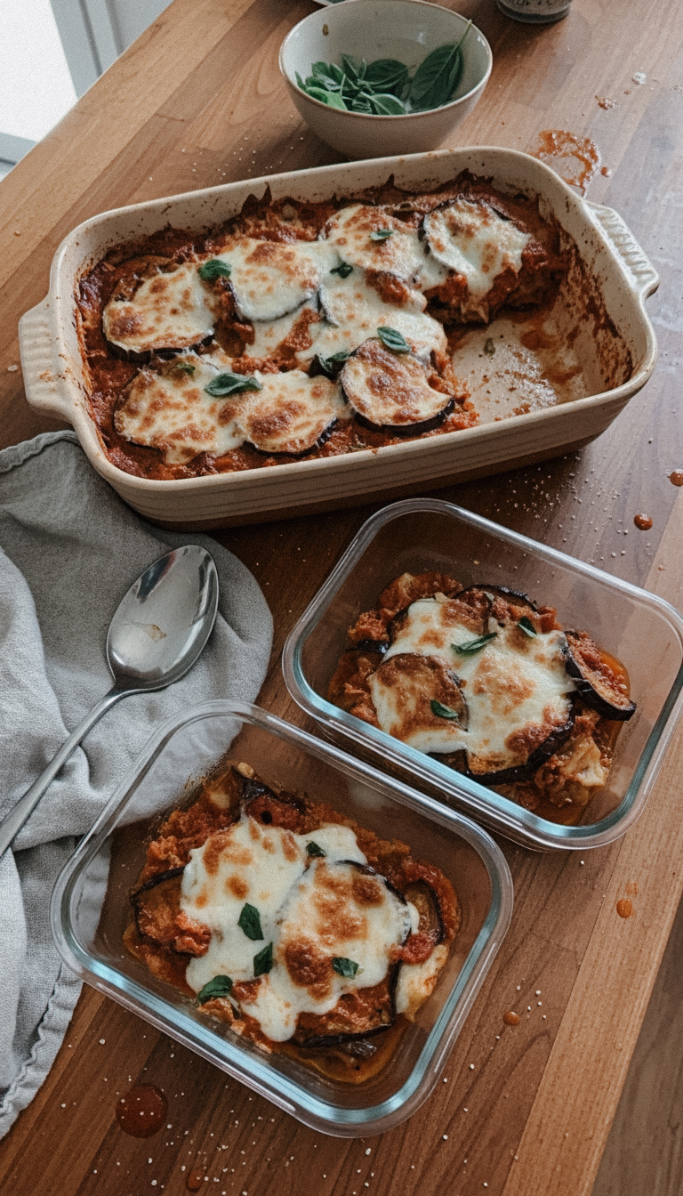 Auberginen-Parmigiana als frisch vorbereitetes Meal Prep