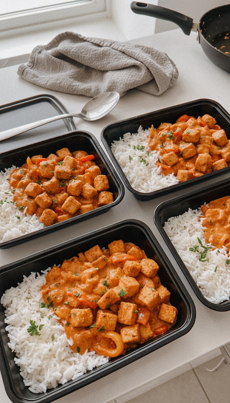 Frisch vorbereitete Curry-Meal-Prep-Portionen mit Reis