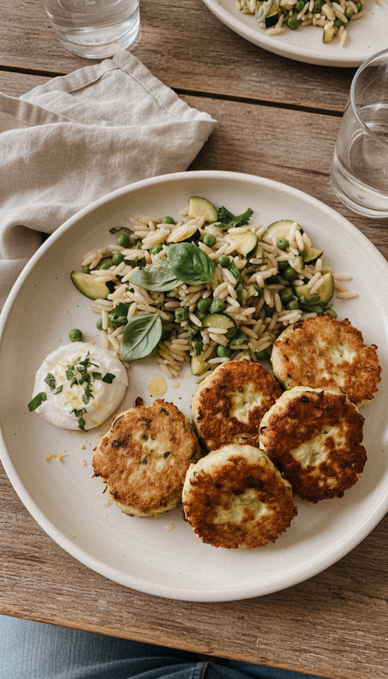 Zucchini-Taler mit Orzo, Erbsen und Kräuterdip